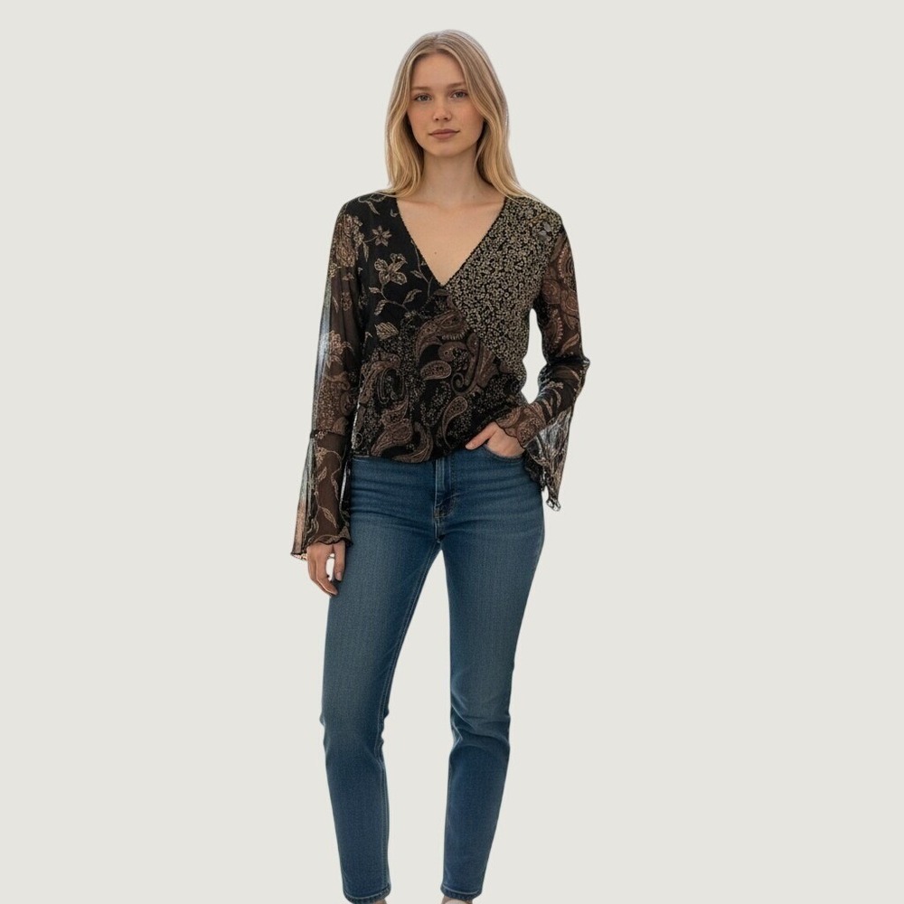 Spense Jeremy Silk‎ Blouse Sz L Long Sleeve V-Neck Paisley Y2K Boho Whimsigoth